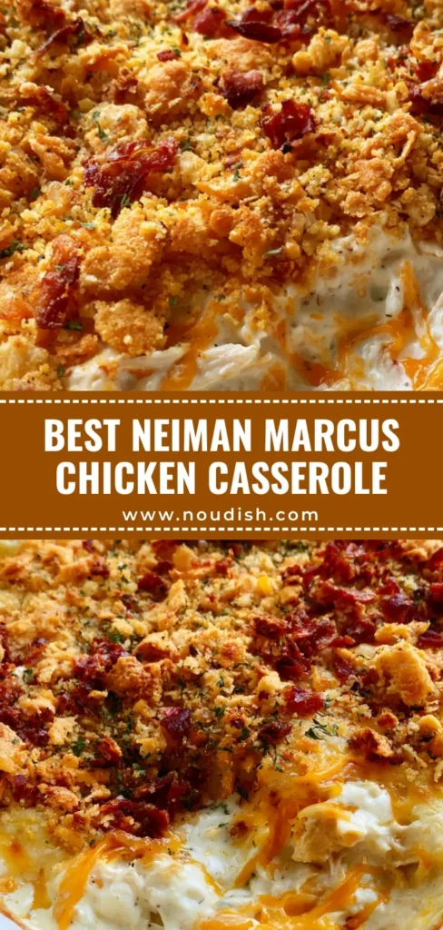 A bubbling Neiman Marcus Chicken Casserole in a white dish with golden cracker crust and orange cheese strings.