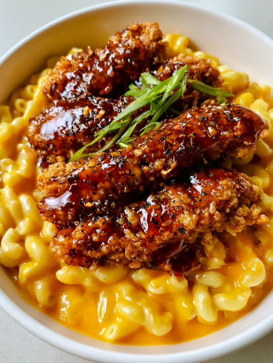 Top-down view of creamy elbow macaroni in orange cheddar sauce topped with golden honey-glazed chicken strips and green scallions. (Honey Pepper Chicken Mac and Cheese)