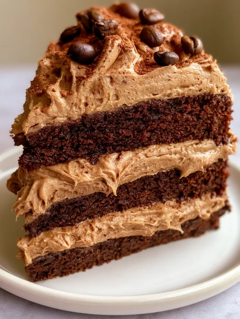 Rustic swirls of espresso Kahlua buttercream on a dark chocolate sponge cake with whole coffee beans.