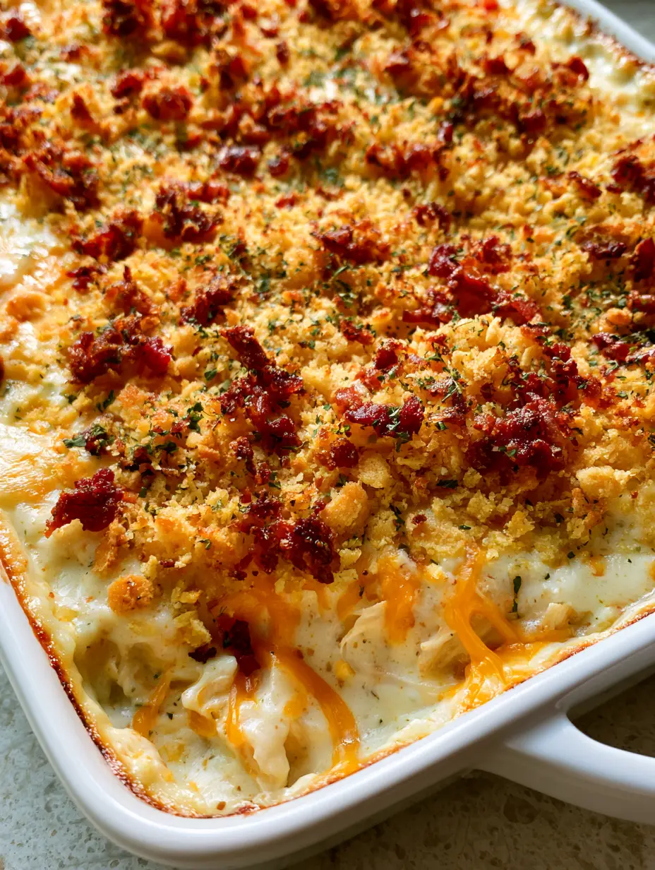 Close up overhead shot of Neiman Marcus Chicken Casserole showing bubbling cheddar edges and bacon bits.