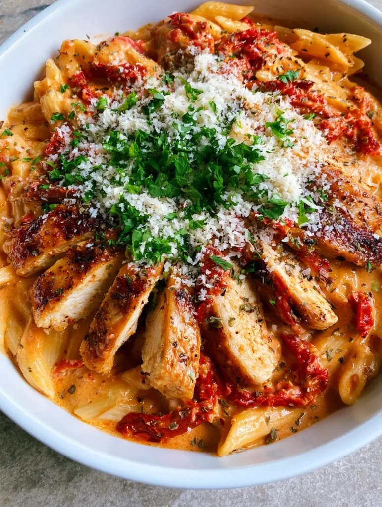 Close-up of Marry Me Chicken Pasta showing the thick sunset-orange sauce and julienned sun-dried tomatoes.