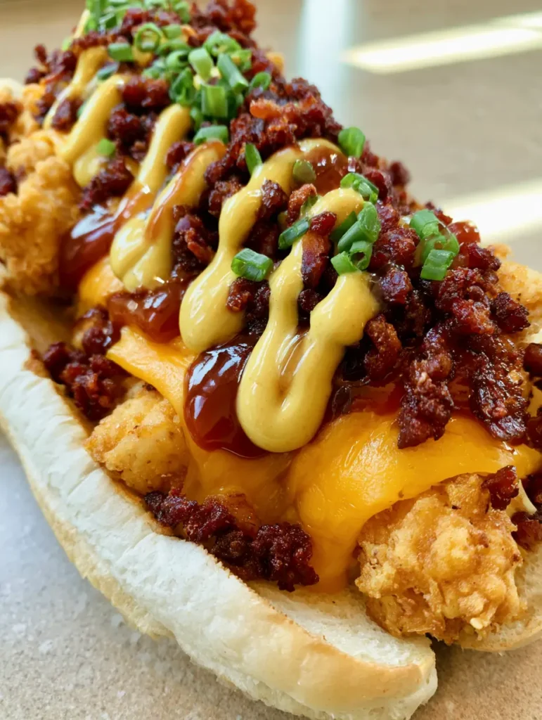 Handheld shot of a Bird Dog Sandwich dripping with mahogany BBQ sauce and yellow honey mustard.