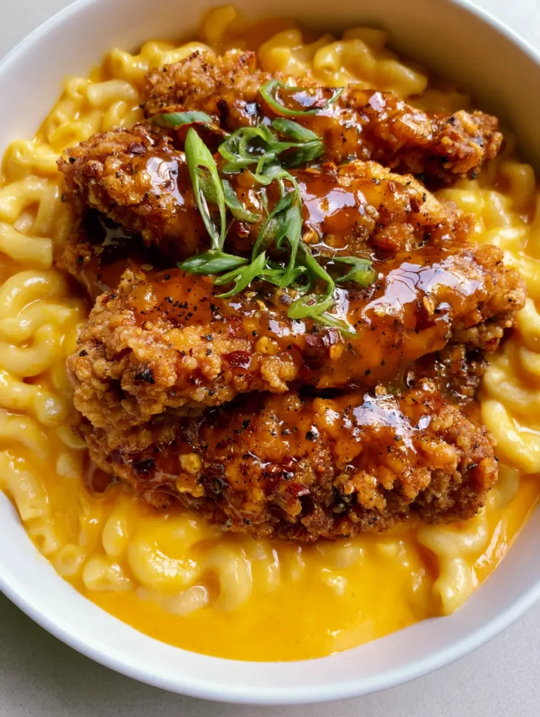 A detailed close-up showing the craggy texture of breaded chicken coated in a shimmering amber honey pepper glaze.