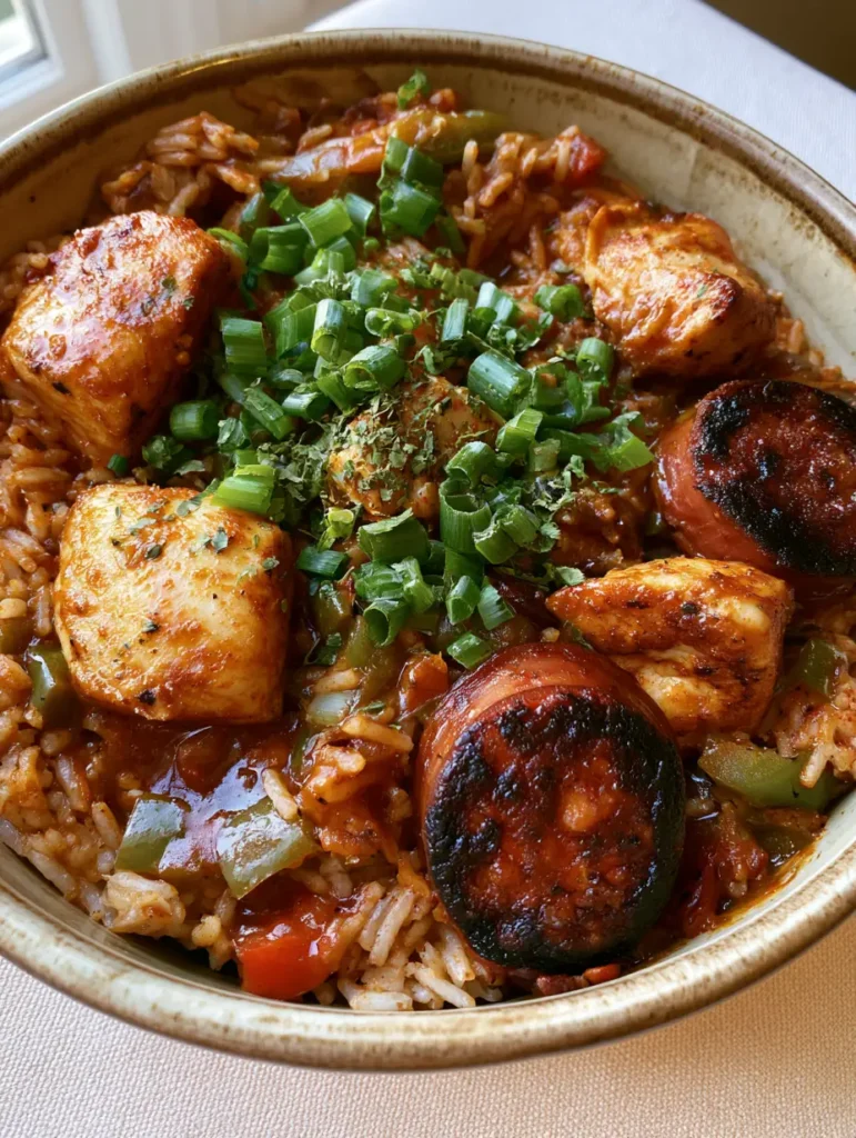 Chicken and Sausage Jambalaya: The Ultimate One-Pot Creole Comfort Classic 1 Handheld smartphone photo of a rustic bowl filled with Chicken and Sausage Jambalaya, showing softened red and green peppers.