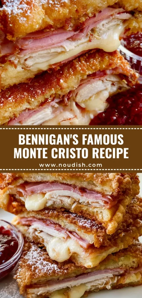 Monte Cristo Recipe: The Ultimate Deep-Fried Crunch with Raspberry Jam 3 A tall stack of four deep-fried Monte Cristo sandwich triangles dusted with powdered sugar and a side of raspberry jam. (Monte Cristo Recipe)