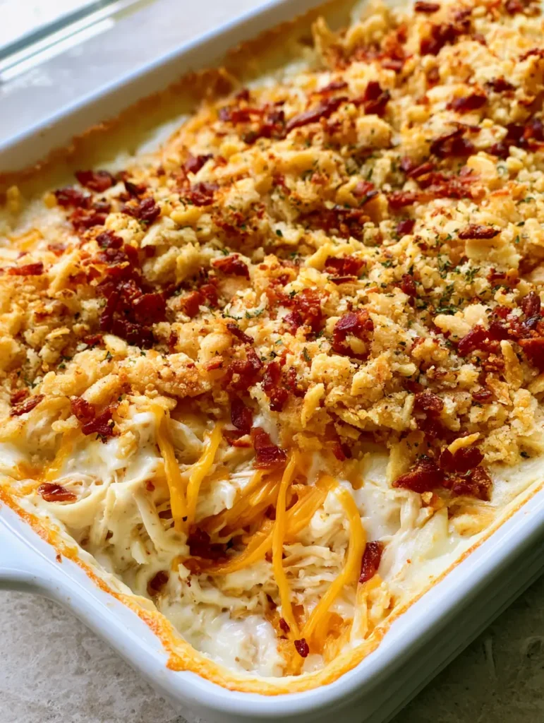 Detailed view of the buttery cracker and bacon topping on a Neiman Marcus Chicken Casserole.