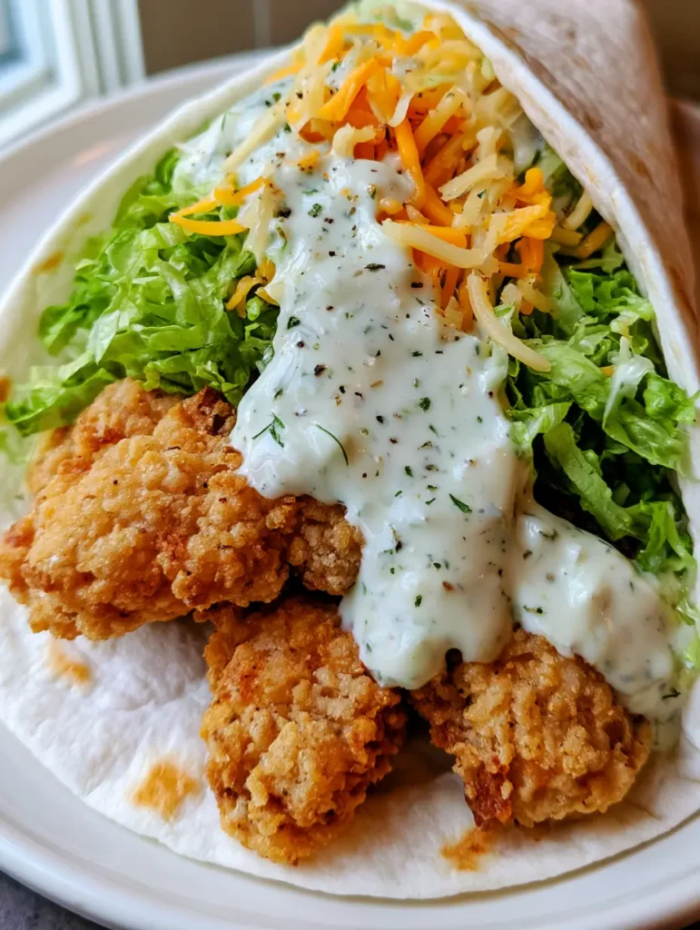 Crispy Chicken Ranch Snack Wrap: The Ultimate Quick Dinner Guide 1 A Crispy Chicken Ranch Snack Wrap drizzled with thick ranch dressing and sprinkled with dried dill flakes.