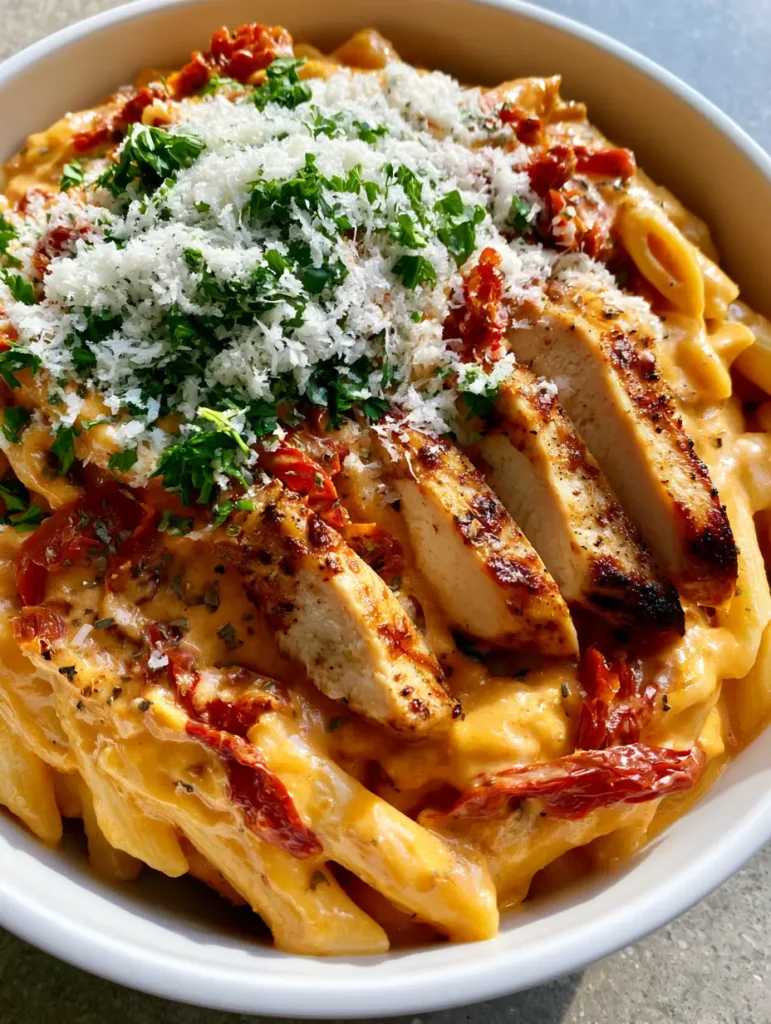 A shallow bowl of Marry Me Chicken Pasta topped with a heavy snowfall of parmesan and fresh parsley.