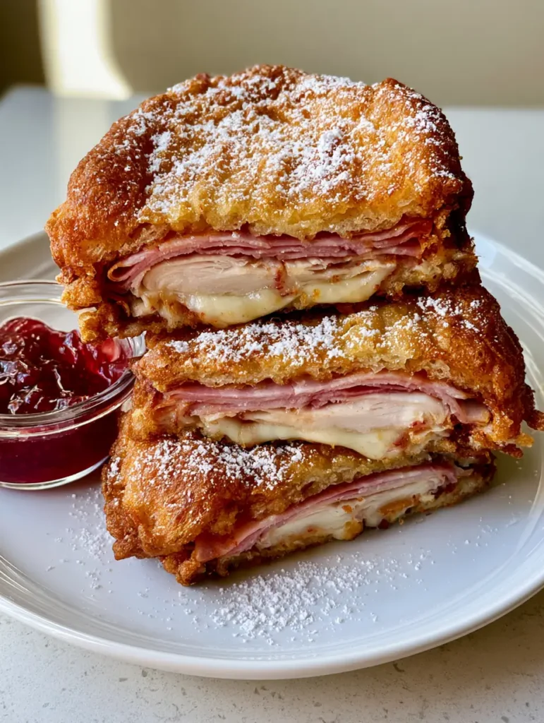 Monte Cristo Recipe: The Ultimate Deep-Fried Crunch with Raspberry Jam 2 Handheld photo of a deep-fried Monte Cristo sandwich on a white plate with visible layers of turkey, ham, and melted cheese. (Monte Cristo Recipe)