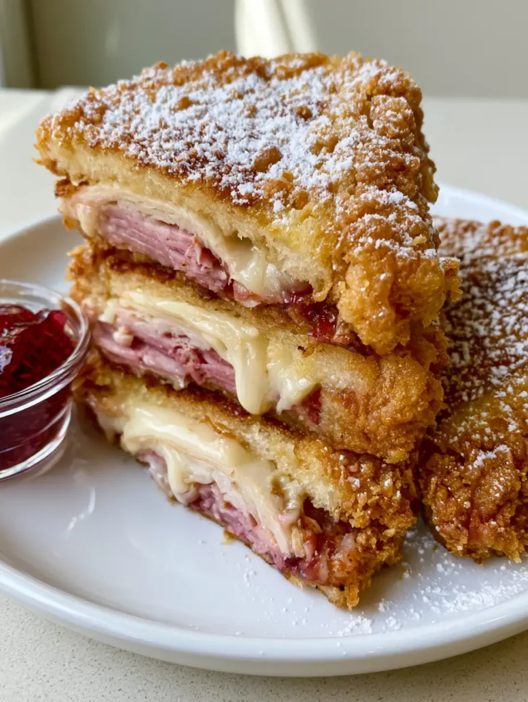 Monte Cristo Recipe: The Ultimate Deep-Fried Crunch with Raspberry Jam 1 A close-up shot of the tempura-style coating on a Monte Cristo sandwich sliced into triangles. (Monte Cristo Recipe)