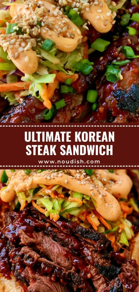 A handheld Korean Steak Sandwich on a toasted hoagie roll with charred glazed ribeye, crunchy slaw, and spicy mayo zigzag.