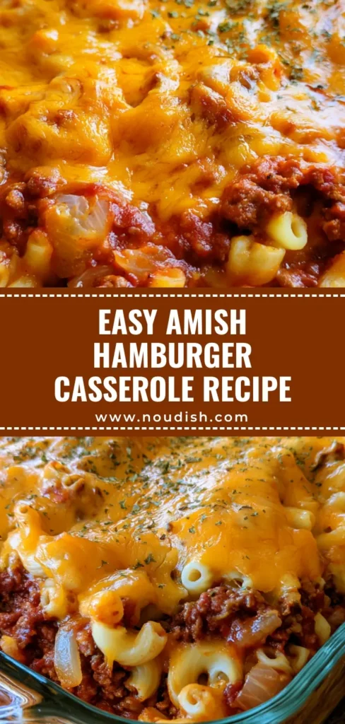 Amish Hamburger Casserole: The Ultimate Cheesy Comfort Food Recipe 3 A close up photo of an Amish Hamburger Casserole in a glass dish with bubbly cheddar cheese and parsley.