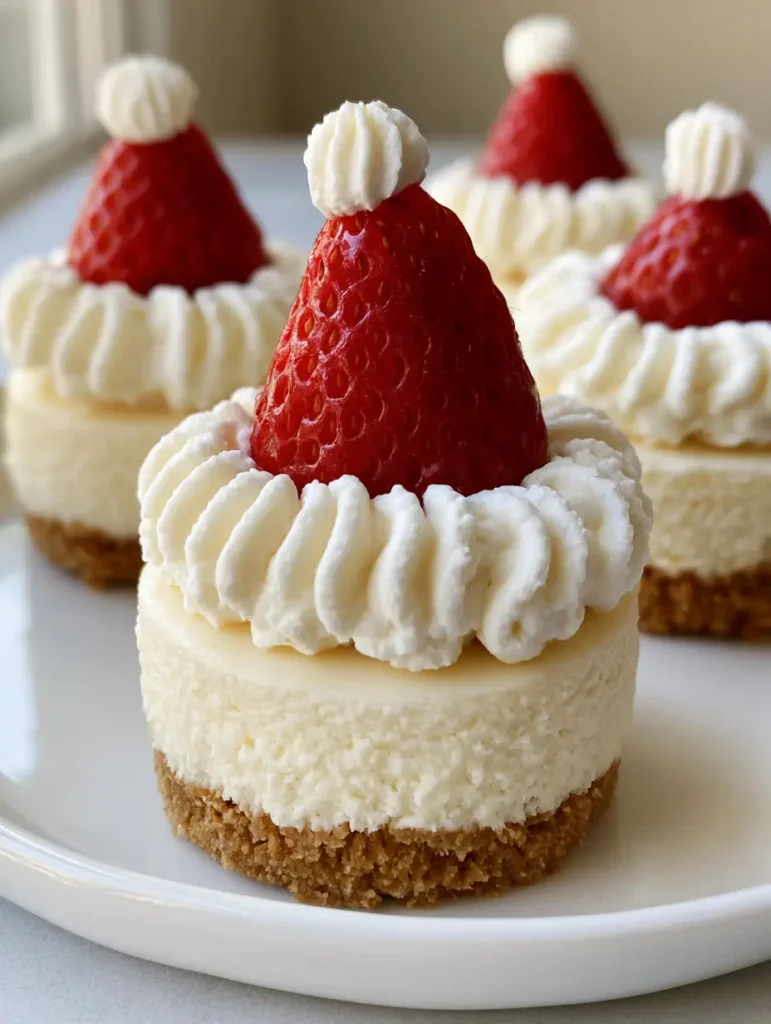 Close-up of Santa Hat Cheesecake Bites with golden graham cracker crust and a thick whipped cream brim.