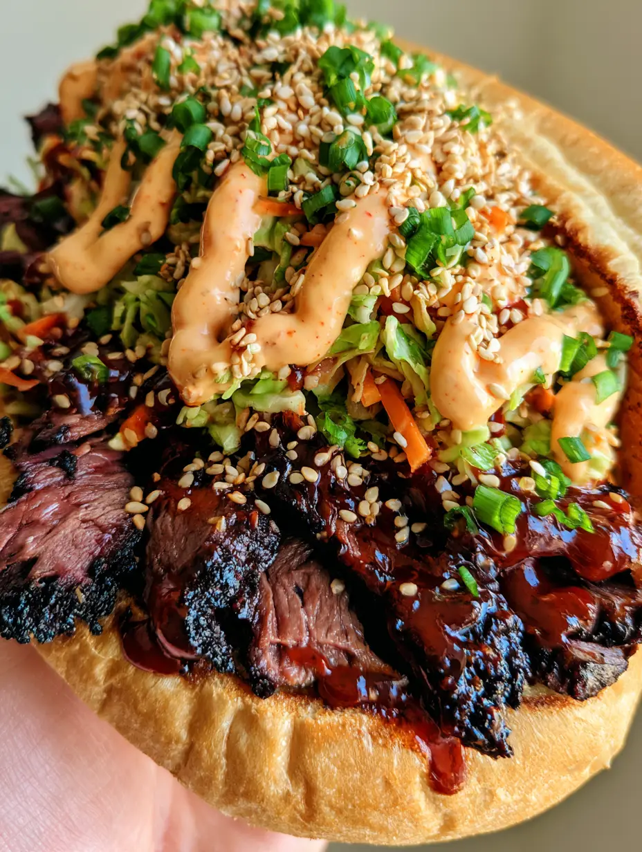 Close-up of a Korean Steak Sandwich held in hand, showing the glossy gochujang glaze and charred beef edges.