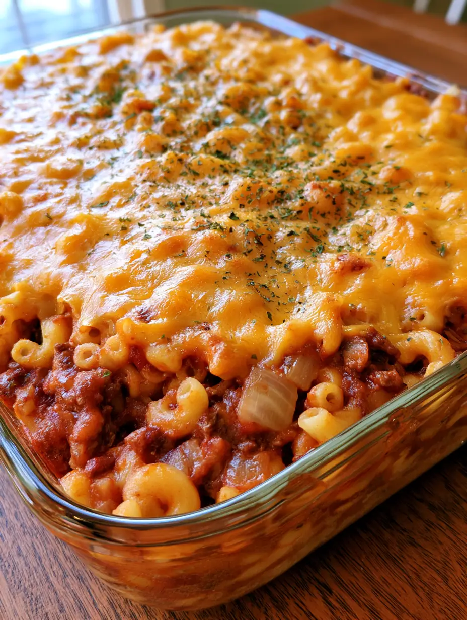 Amish Hamburger Casserole: The Ultimate Cheesy Comfort Food Recipe 4 An overhead view of Amish Hamburger Casserole showing the thick chunky tomato beef sauce and elbow macaroni.