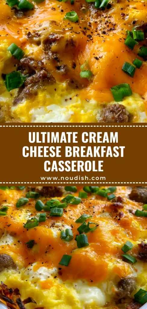 A handheld smartphone photo of a Sausage Egg and Cream Cheese Hashbrown Casserole in a white dish, featuring crispy golden hashbrowns, melted cheddar with charred orange spots, and fresh green onions.