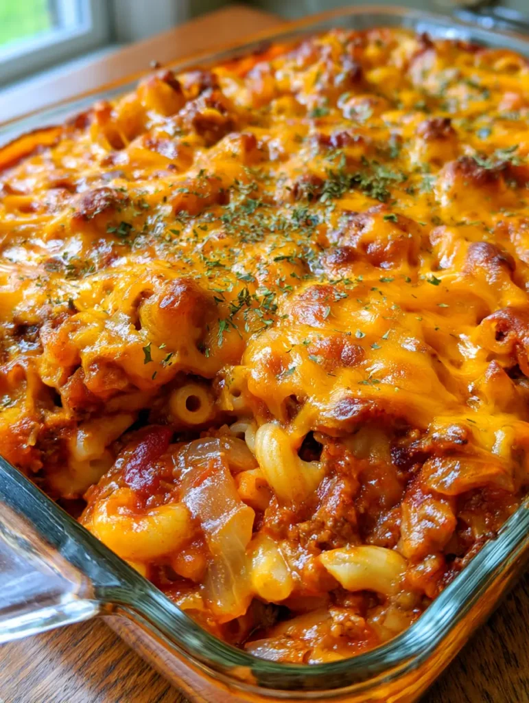 Amish Hamburger Casserole: The Ultimate Cheesy Comfort Food Recipe 1 A smartphone photo of the finished Amish Hamburger Casserole with toasted orange cheddar cheese spots on a wooden table.