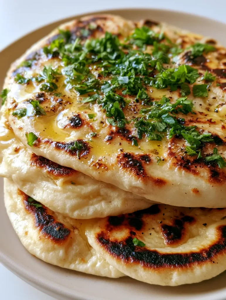 Sourdough Discard Naan: Soft, Pillowy, and Perfectly Charred 1 Top-down view of stacked sourdough flatbread glistening with butter and fresh green garnish.