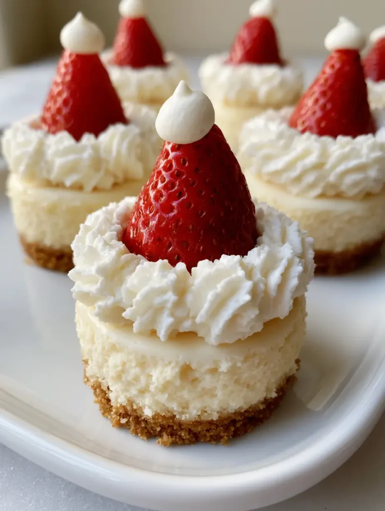 Santa Hat Cheesecake Bites: The Ultimate Festive Holiday Dessert 1 A row of Santa Hat Cheesecake Bites on a white ceramic platter showing the star-tip whipped cream trim.