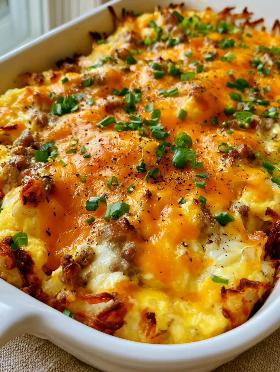 Top-down view of Sausage Egg and Cream Cheese Hashbrown Casserole showing fluffy yellow eggs, browned sausage crumbles, and dollops of melted cream cheese.