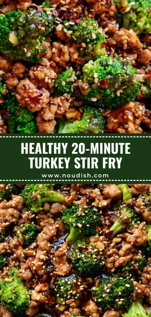 Ground Turkey Stir Fry with Garlic Broccoli and Glossy Soy Sauce 4 A close-up ceramic bowl of Ground Turkey Stir Fry featuring browned turkey crumbles, bright green broccoli, and a glossy soy sauce garnished with sesame seeds and chili flakes.