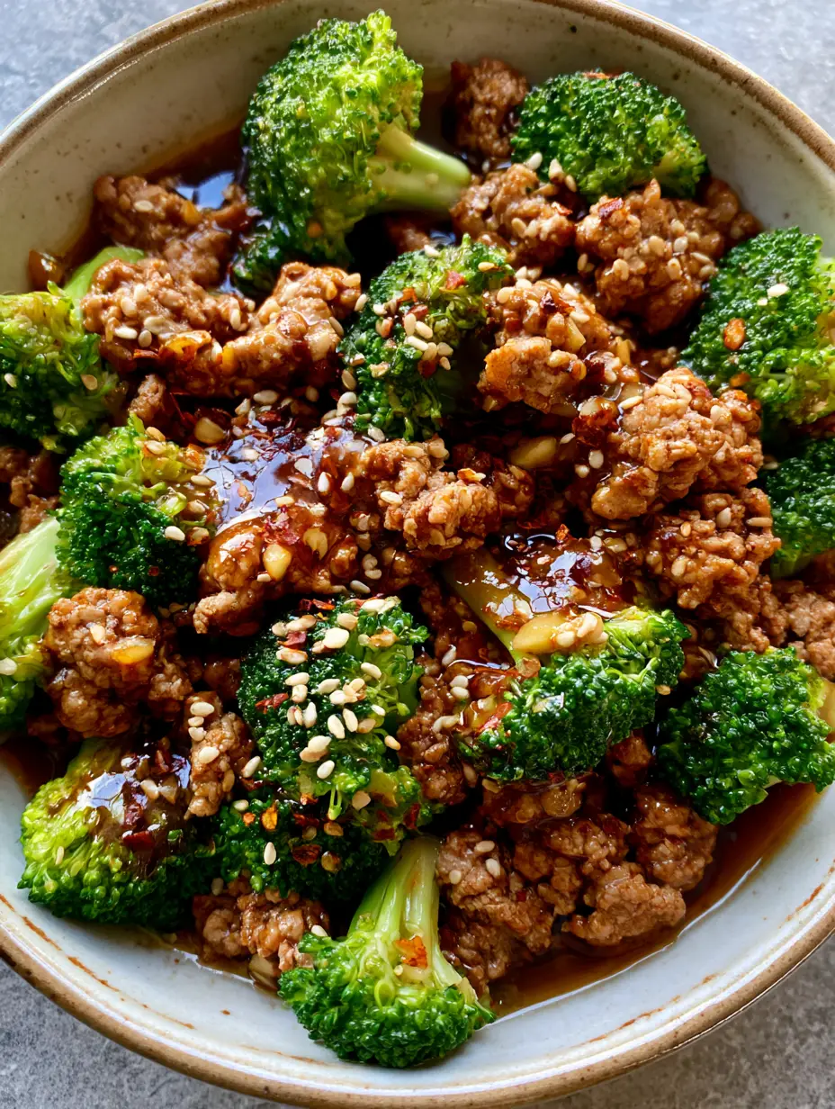 Ground Turkey Stir Fry with Garlic Broccoli and Glossy Soy Sauce 3 Top-down view of a Ground Turkey Stir Fry in a ceramic bowl with visible garlic bits and glossy sauce on a stone surface.