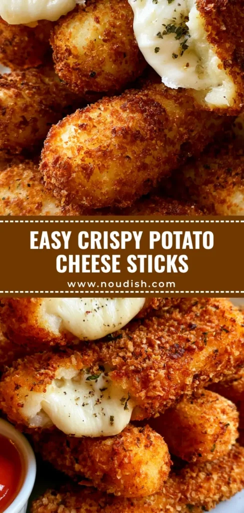 A pile of golden-brown crispy potato cheese sticks on a white plate with a red tomato dipping sauce. (Potato Cheese Sticks)