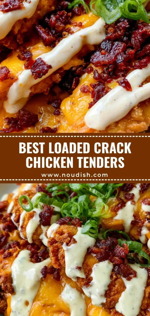 Crack Chicken Tenders (Crispy, Loaded & Addictive!) 3 A stack of golden-brown Crack Chicken Tenders topped with melted orange cheddar, crumbled bacon, and a ranch drizzle.