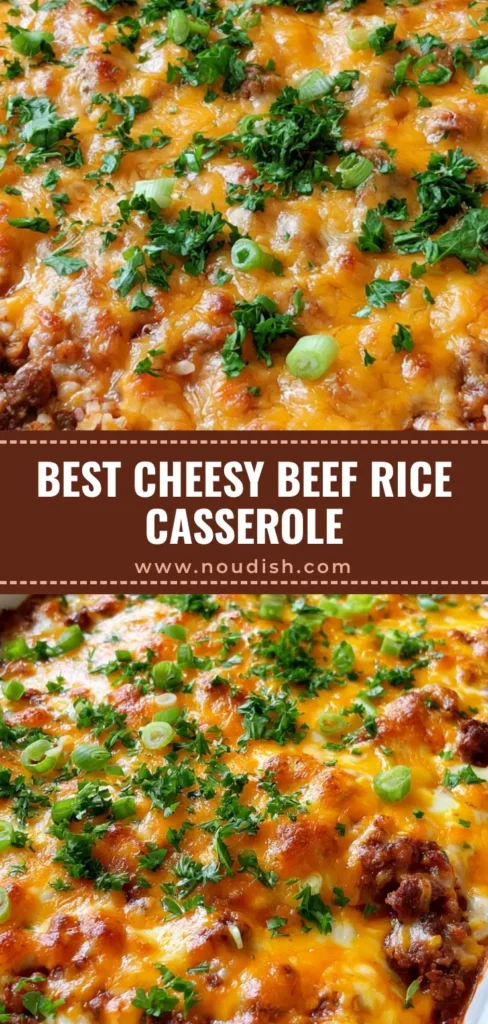Ground Beef and Rice Casserole: The Ultimate Cheesy Comfort Food 3 A bubbling Ground Beef and Rice Casserole in a white dish with melted orange cheddar and green onion garnish.