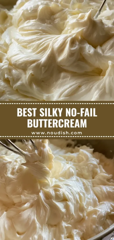Swiss Meringue Buttercream: The Ultimate Silky Smooth Frosting Guide 4 A close-up vertical shot of glossy ivory Swiss Meringue Buttercream in a stainless steel bowl with a metal whisk.