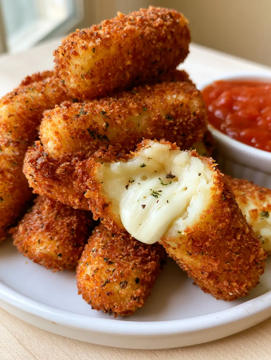 Close up handheld photo of a broken potato cheese stick revealing a stretchy white mozzarella core. (Potato Cheese Sticks)