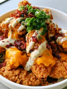 Close-up handheld photo of Crack Chicken Tenders with bubbling melted cheese and scallions.