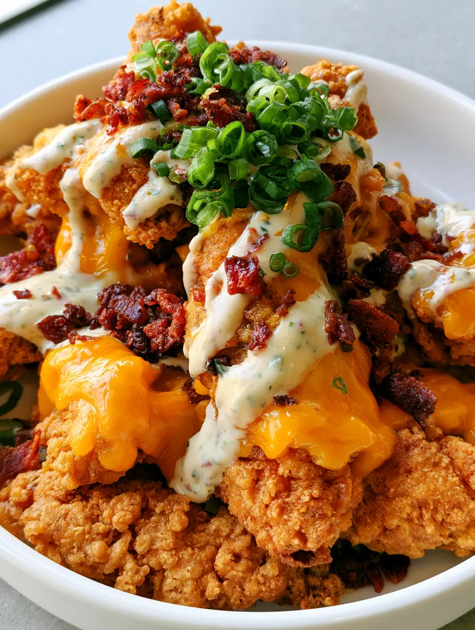 Crack Chicken Tenders (Crispy, Loaded & Addictive!) 4 Close-up handheld photo of Crack Chicken Tenders with bubbling melted cheese and scallions.