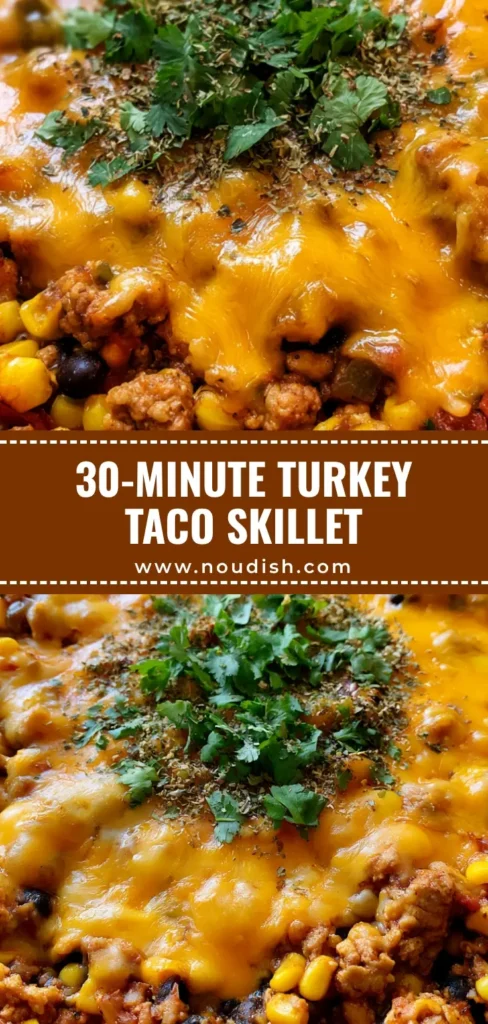 Ground Turkey Taco Skillet: The Ultimate 30-Minute One-Pan Dinner 4 A close-up of a Ground Turkey Taco Skillet in a cast iron pan with gooey melted cheese, corn, and black beans.