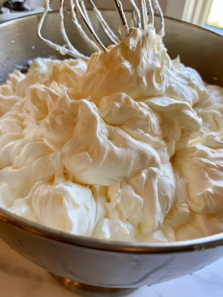 Swiss Meringue Buttercream: The Ultimate Silky Smooth Frosting Guide 1 Smooth and velvety Swiss Meringue Buttercream inside a cold metal mixer bowl with condensation on the rim.