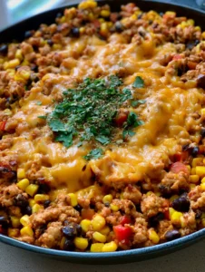 Top-down view of a Ground Turkey Taco Skillet featuring bubbly cheddar cheese and fresh cilantro garnish.