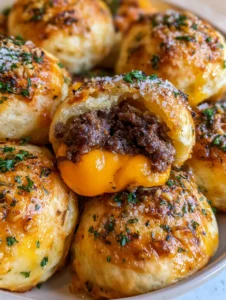 Handheld photo showing a Garlic Parmesan Cheeseburger Bomb being pulled apart to reveal melted orange cheddar and ground beef.