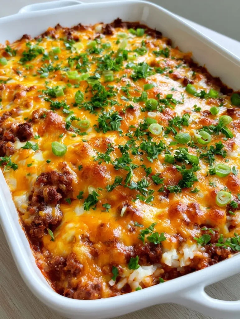 Ground Beef and Rice Casserole: The Ultimate Cheesy Comfort Food 2 High-angle shot of Ground Beef and Rice Casserole showing browned beef and bubbling cheddar cheese.
