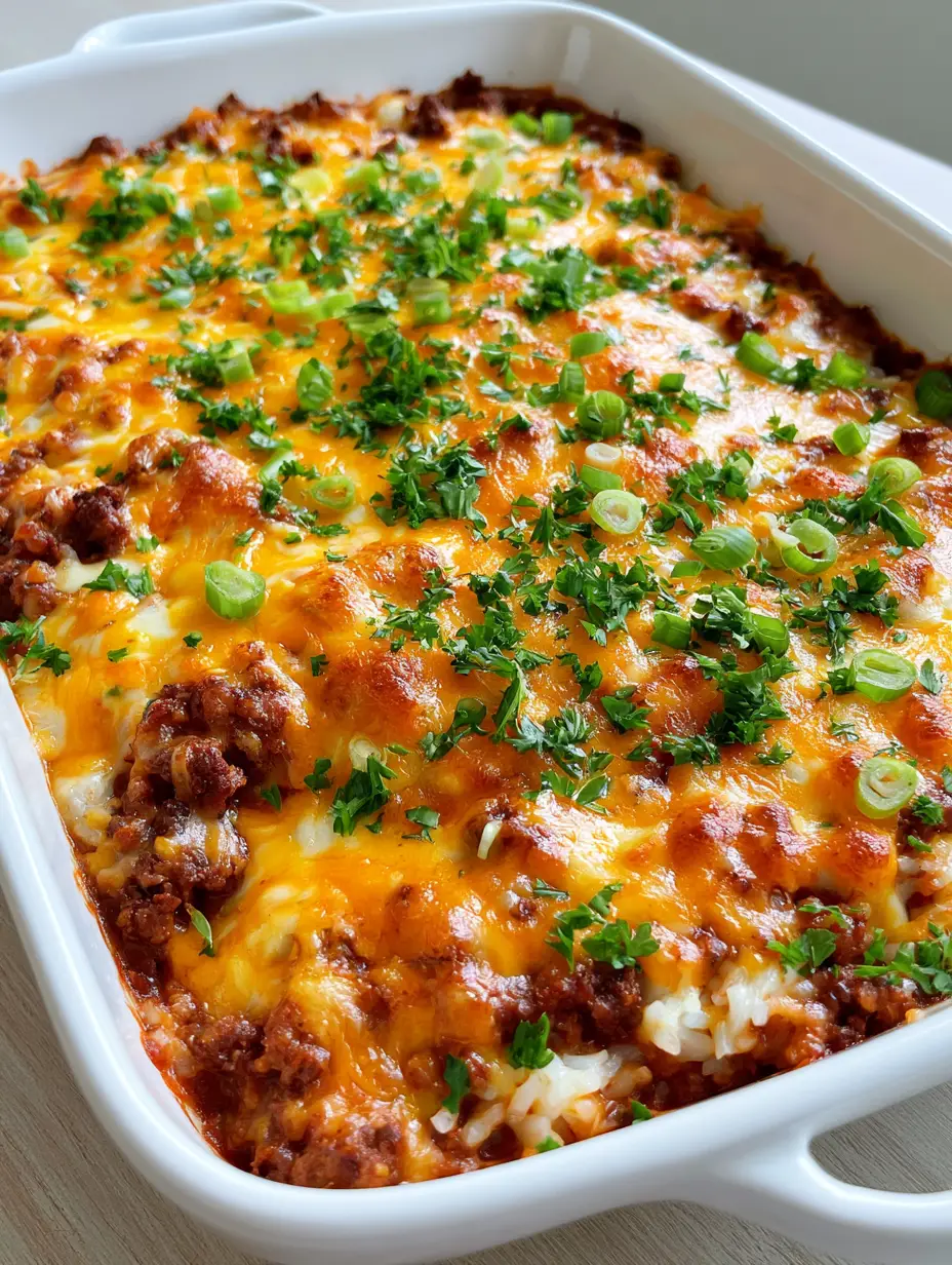 Ground Beef and Rice Casserole: The Ultimate Cheesy Comfort Food 4 High-angle shot of Ground Beef and Rice Casserole showing browned beef and bubbling cheddar cheese.