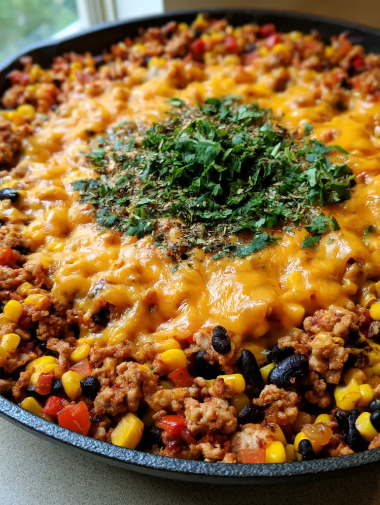 Ground Turkey Taco Skillet: The Ultimate 30-Minute One-Pan Dinner 1 Detailed shot of browned turkey crumbles, corn, and black beans in a taco skillet.