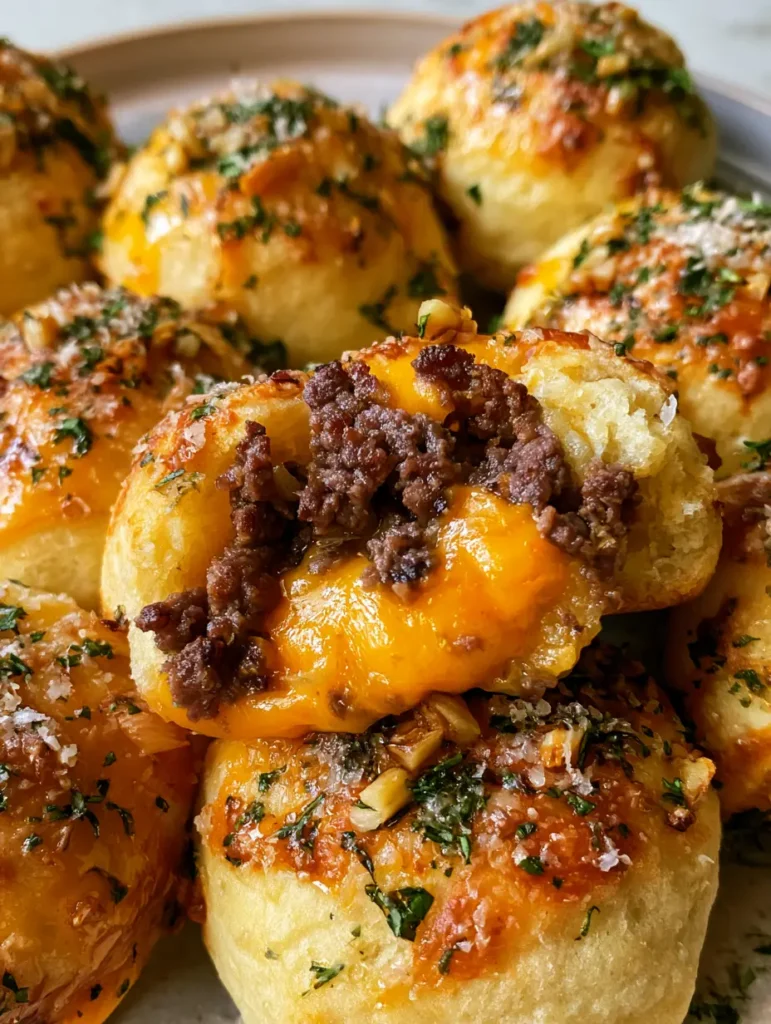 Garlic Parmesan Cheeseburger Bombs: The Ultimate 30-Minute Dinner 1 Batch of golden-brown baked biscuit dough balls with visible minced garlic bits and parsley flakes.