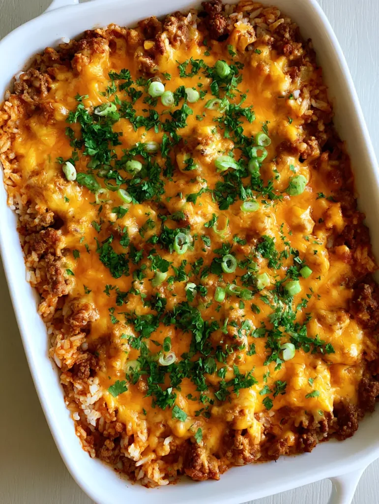 Ground Beef and Rice Casserole: The Ultimate Cheesy Comfort Food 1 Close-up of toasted golden-brown cheese spots on a Ground Beef and Rice Casserole.