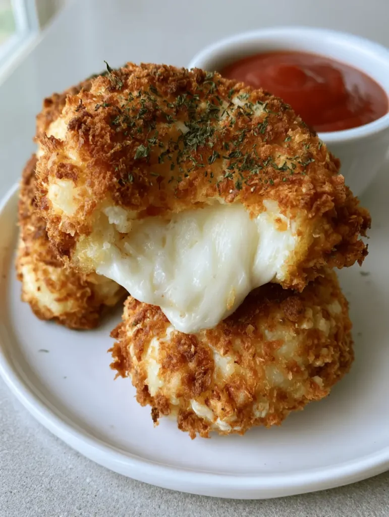Air Fryer Babybel Cheese: The Most Viral Crispy Snack 1 One Air Fryer Babybel Cheese round broken open to reveal a gooey melted white cheese center.
