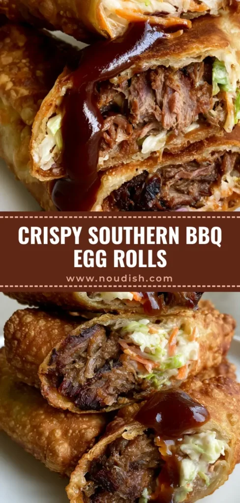 BBQ Egg Rolls: The Ultimate Crispy Smoked Brisket Appetizer 4 A stack of crispy BBQ Egg Rolls on a white plate, sliced diagonally to show the brisket and slaw filling, drizzled with mahogany sauce.