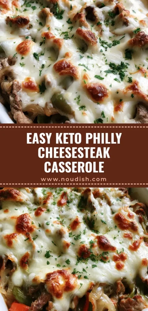 Keto Philly Cheesesteak Casserole: The Ultimate Cheesy Low-Carb Dinner 4 A bubbling Keto Philly Cheesesteak Casserole in a white dish with seared steak and toasted provolone cheese.