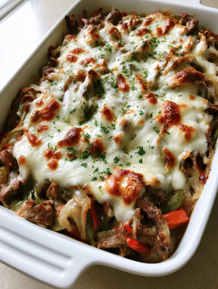 Keto Philly Cheesesteak Casserole: The Ultimate Cheesy Low-Carb Dinner 3 Close-up of seared steak and bell peppers under a layer of melted cheese. (Keto Philly Cheesesteak Casserole)