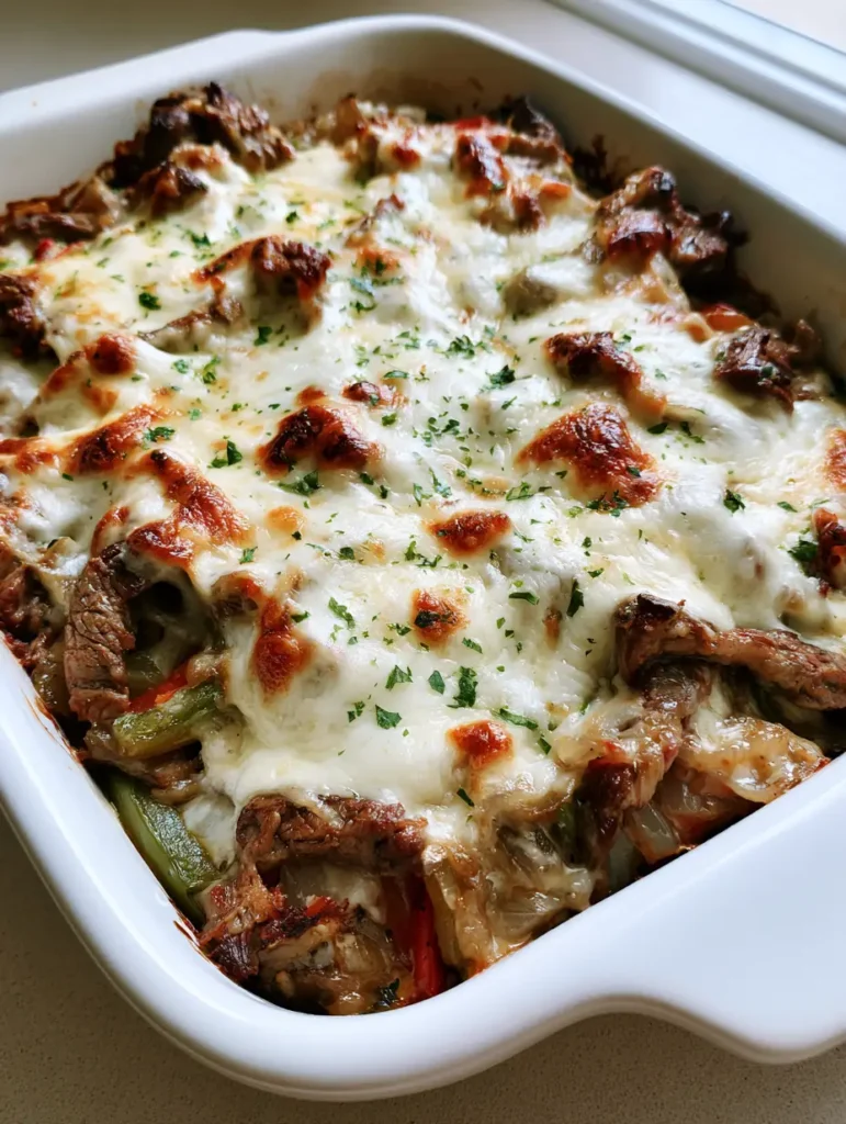 Keto Philly Cheesesteak Casserole: The Ultimate Cheesy Low-Carb Dinner 1 A high-angle shot of the golden-brown toasted provolone cheese on top of the Keto Philly Cheesesteak Casserole.