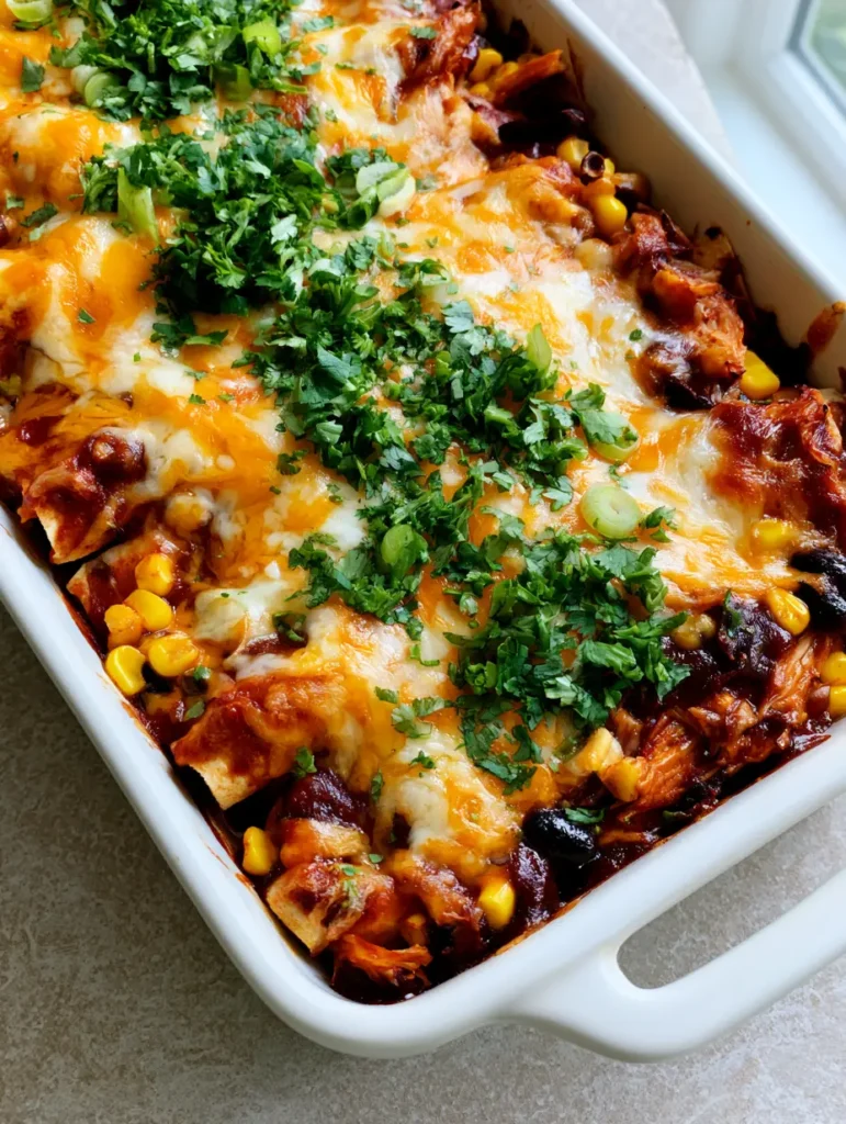 Chicken Enchilada Casserole: The Ultimate Cheesy Weeknight Dinner 1 A serving of Chicken Enchilada Casserole showing the corn tortilla layers, black beans, and shredded chicken.