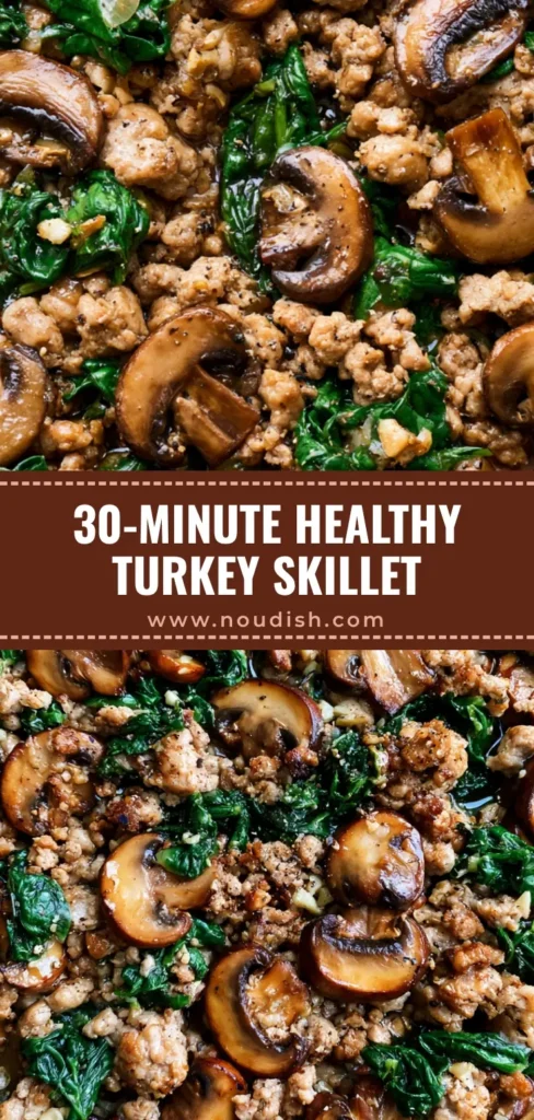 Turkey Spinach Mushroom Skillet: A 20-Minute Healthy Dinner 3 A top-down view of a Turkey Spinach Mushroom Skillet in a cast iron pan with browned turkey, caramelized mushrooms, and wilted spinach.