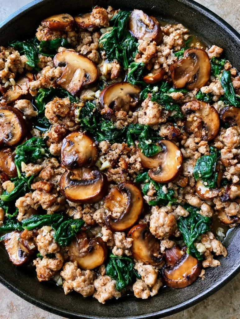 Turkey Spinach Mushroom Skillet: A 20-Minute Healthy Dinner 2 Close up of browned ground turkey crumbles and sliced cremini mushrooms in a skillet with garlic and pepper.